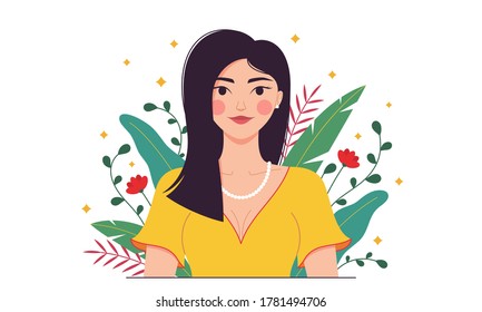 Indian fashion woman, minimalist style. Eastern lady among tropical plants, leaves, flowers. Stylish woman character, lady, model, girl. Minimalist summer composition. Vector illustration