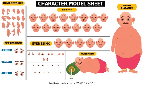 indian fat man cartoon vector illustration model sheet | Sleeping man | eyes blink, lip sync and multiple hand poses