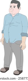 Indian fat man standinng pose wearing light blue shirt and pant.Illustration of a middle aged male character with round belly
