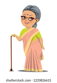 An Indian fat old happy grandmother wearing a saree is standing with a stick in her hand for support.