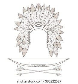 Indian feather hat, bow and arrow on white background. Vector Illustration.