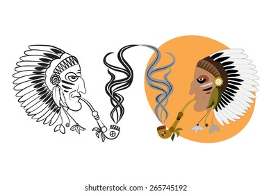 Indian with feather headdress smoking pipe