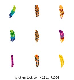 Indian feather icon set. Flat set of 9 indian feather vector icons for web design