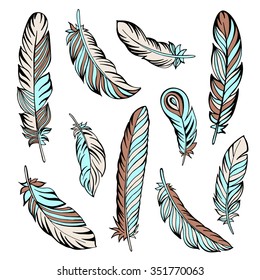 Indian feather set hand drawn. Vector illustration.