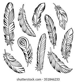 Indian feather set hand drawn. Vector illustration.