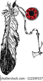 indian feather with tomahawk weapon