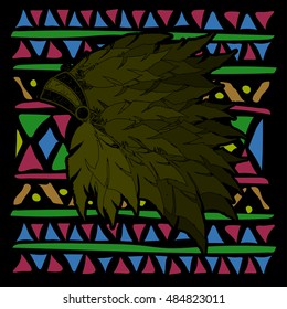 Indian feathers headdress or war bonnet on colorful ethnic pattern with an Indian ornament