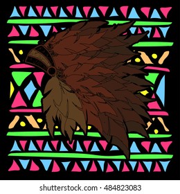 Indian feathers headdress or war bonnet on colorful ethnic pattern with an Indian ornament