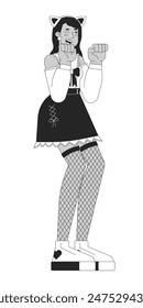 Indian female cosplayer in kawaii outfit black and white 2D line cartoon character. South asian woman cosplay isolated vector outline person. Internet personality monochromatic flat spot illustration