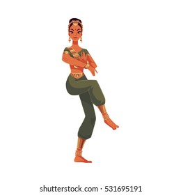 Indian female dancer in traditional costume, cartoon vector illustration isolated on white background. Traditional Indian female dancer in sari, national costume, Bollywood performer