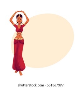 Indian female dancer in traditional costume, cartoon vector illustration on background with place for text. Traditional Indian female dancer in sari, national costume, Bollywood performer