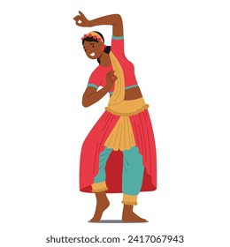 Indian Female Dancer in Vibrant Attire Captivates With Rhythmic Expressions, Intricate Hand Gestures, And Mesmerizing Footwork, Embodying The Rich Cultural Tapestry Of India. Vector Illustration