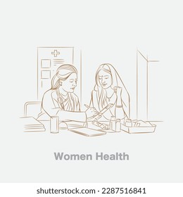 indian female doctor and patient line drawing