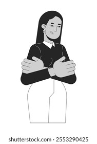 Indian female office worker arms folded black and white 2D line character. South asian woman employee business casual crossed arms isolated vector outline person. Monochromatic spot illustration