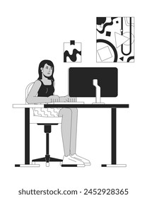 Indian female at office workplace black and white 2D line cartoon character. South asian woman working on computer isolated vector outline person. Corporate work monochromatic flat spot illustration