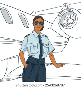 Indian female pilot confidently standing outside an airplane, symbolizing women empowerment, leadership, ambition, and success in aviation