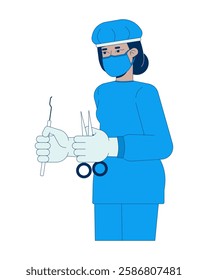 Indian female surgeon in blue scrubs holding surgical tools 2D cartoon character. Healthcare worker with medical instruments isolated person flat vector on white background. Spot illustration colorful