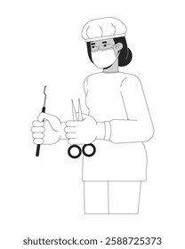 Indian female surgeon in scrubs holding surgical tools black and white 2D line character. Healthcare worker with medical instruments isolated vector outline person. Monochromatic spot illustration