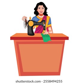 Indian Female Tailor Cartoon Character Vector Illustration