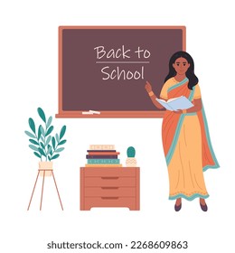 Indian female teacher at classroom near blackboard. Back to school. Education, lecture and lesson at school. Vector illustration in flat style