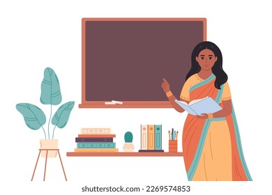 Indian female teacher at classroom near blackboard. Back to school. Education, lecture and lesson at school. Vector illustration in flat style