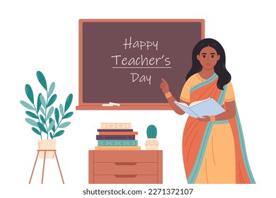 Indian female teacher at classroom near blackboard. Back to school. Education, lecture and lesson at school. Vector illustration in flat style