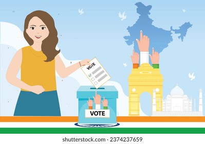 Indian Female Voter Casting her Vote Using Ballot Paper with Icons of India Gate, Taj Mahal, Indian Map and Voters' Hands in the Background - Indian Elections Concept