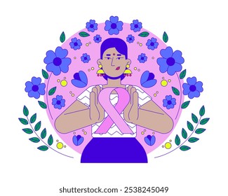 Indian feminist movement of pink ribbon 2D illustration concept. Breast cancer solidarity. Hindu bindi woman femininity cartoon character isolated on white. Metaphor abstract flat vector graphic