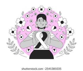 Indian feminist movement of pink ribbon black and white 2D illustration concept. Breast cancer solidarity. Hindu bindi woman femininity outline character isolated. Metaphor monochrome vector art