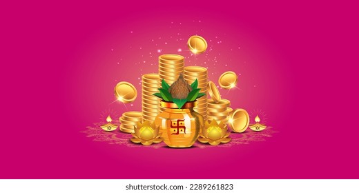 El concepto de privilegio del festival indio Akshya Tritiya. Fondo de crecimiento financiero con monedas de oro, dinero, riqueza y kalash pot. Ilustración vectorial.