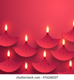 Indian Festival background with creative illuminated Paper Oil Lamps (Diya) decoration, Elegant Greeting Card with space for wishes, Beautiful vector for Festival of Lights, Happy Diwali celebration.