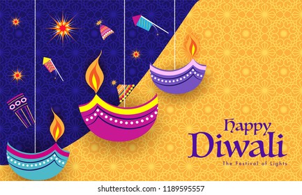 Indian Festival celebration background with flat style fire crackers and stylish oil lamps hang on blue and yellow background. Can be used as greeting card design.