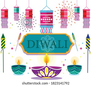 Indian Festival celebration background with flat style fire crackers and stylish oil lamps hang on blue and yellow background. Can be used as greeting card design