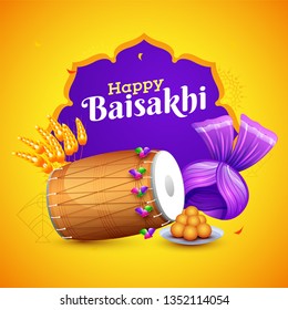 Indian festival celebration element on yellow and purple background, Happy Baisakhi poster or flyer design.