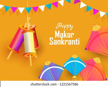 Indian Festival celebration greeting card design decorated with  colorful kites and spool on yellow background.