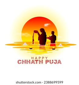 Indian festival Chhath Puja. Couple standing in river and doing prayer of god sun.