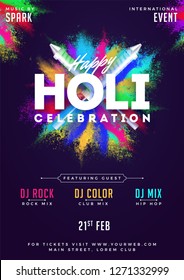 Indian Festival Of Color Holi Party Template Or Flyer Design With Time And Venue Details.