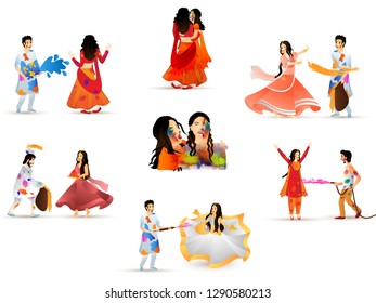 Indian festival of colors celebration concept, happy people character in different pose enjoying holi festival.