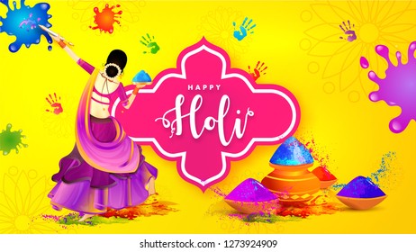 Indian festival of colors celebration poster or banner design, dancing character of woman with color pots for Holi celebration.