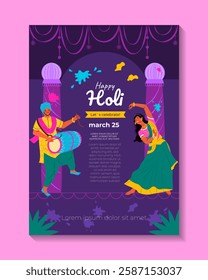 Indian Festival of Colors Happy Holi celebration. Invitation with people, dancers, musicians. Background for poster, banner, flyer, cover, placard, brochure