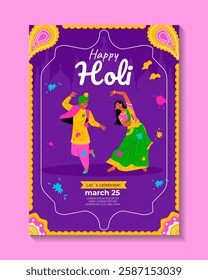 Indian Festival of Colors Happy Holi celebration. Invitation with people, dancers, musicians. Background for poster, banner, flyer, cover, placard, brochure