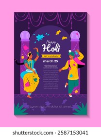 Indian Festival of Colors Happy Holi celebration. Invitation with people, dancers, musicians. Background for poster, banner, flyer, cover, placard, brochure