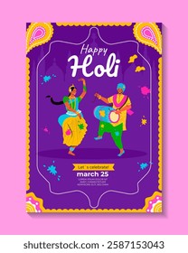 Indian Festival of Colors Happy Holi celebration. Invitation with people, dancers, musicians. Background for poster, banner, flyer, cover, placard, brochure