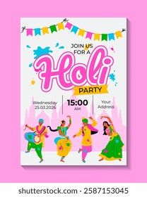 Indian Festival of Colors Happy Holi celebration. Invitation with people, dancers, musicians. Background for poster, banner, flyer, cover, placard, brochure