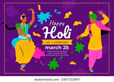 Indian Festival of Colors Happy Holi celebration. Invitation with people, dancers, musicians. Background for poster, banner, flyer, cover, placard, brochure