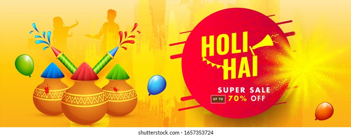 Indian Festival of Colors, Holi Banner Illustration with Traditional Pot, Color Powder, Balloons and Hindi Text Holi Hai meaning It's Holi. 