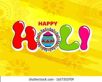 Indian Festival of Colors, Holi Illustration with Colorful Text and Traditional Pot on Yellow Floral Background.