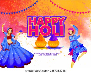 Indian Festival of Colors, Holi Illustration with Traditional Young Couple Dancing and Powder Color Spread on Background. 