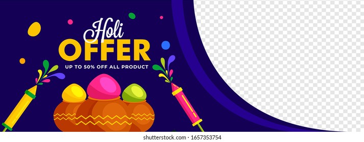 Indian Festival of Colors, Holi Offer Banner Illustration with Traditional Pot, Color Powder, Balloons.