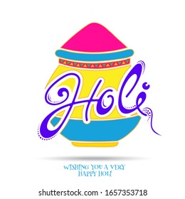 Indian Festival of Colors, Holi text traditional pot filled with powder color on white background.